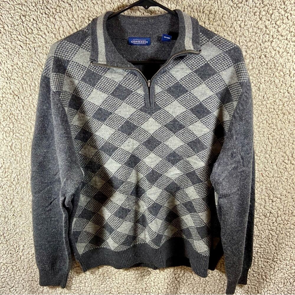 VTG Consensus Mens merino wool size xl shepherd check‎ plaid quarter zip sweater